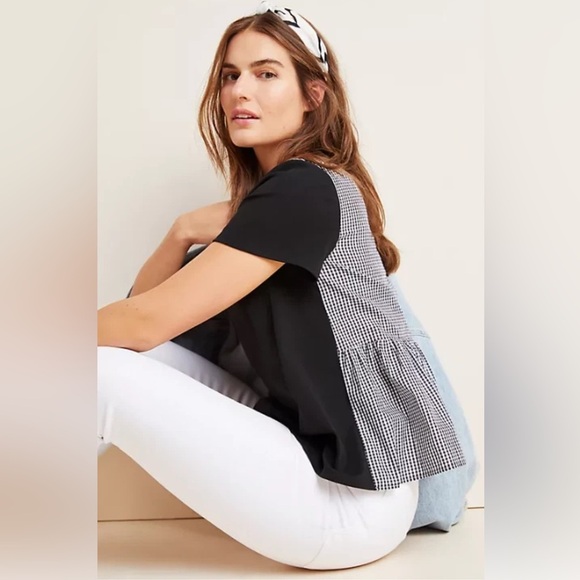 Eri + Ali Shirley Gingham Back Tee Blouse Top Size XS Black White Anthropologie - Picture 1 of 12